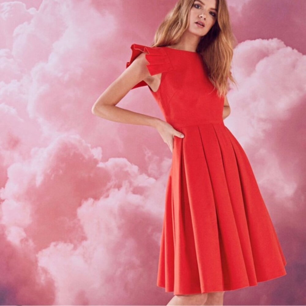 Ted Baker Pleated Ruffle Midi Skater Dress